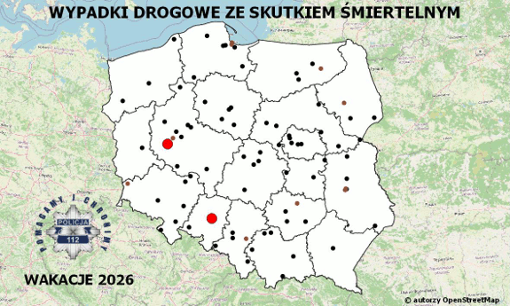 Zdjęcie przedstawia niebieską mapę zatytułowaną - Policyjna mapa wypadków drogowych ze skutkiem śmiertelnym – Wakacje 2026, na której widać dwie mrugające na czerwono kropki.
