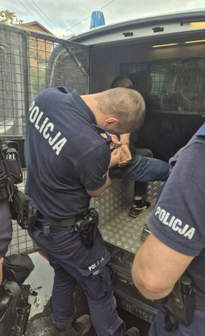 Zdjęcie przedstawia policjanta zakładającego kajdanki na ręce trzymane z tyłu mężczyźnie znajdującemu się w policyjnym radiowozie.