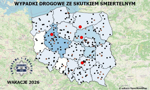 Zdjęcie przedstawia Policyjną mapę wypadków drogowych ze skutkiem śmiertelnym – Wakacje 2026, na której mrugają na czerwono-żółto cztery kropki.
