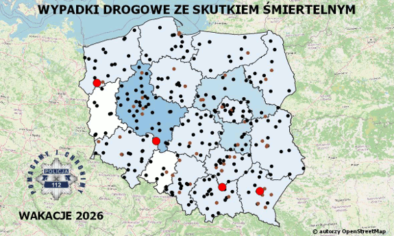 Zdjęcie przedstawia Policyjną mapę wypadków drogowych ze skutkiem śmiertelnym – Wakacje 2026, na której mrugają na czerwono-żółto cztery kropki.